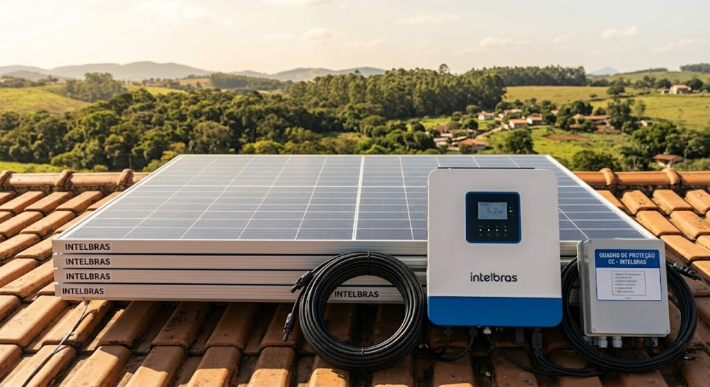Painéis solares e inversor Intelbras prontos para instalação residencial e comercial em São Paulo e Taboão da Serra.