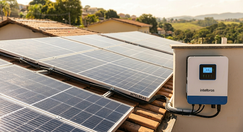 Painéis solares e inversor Intelbras ativos em sistema fotovoltaico residencial em São Paulo e Taboão da Serra.
