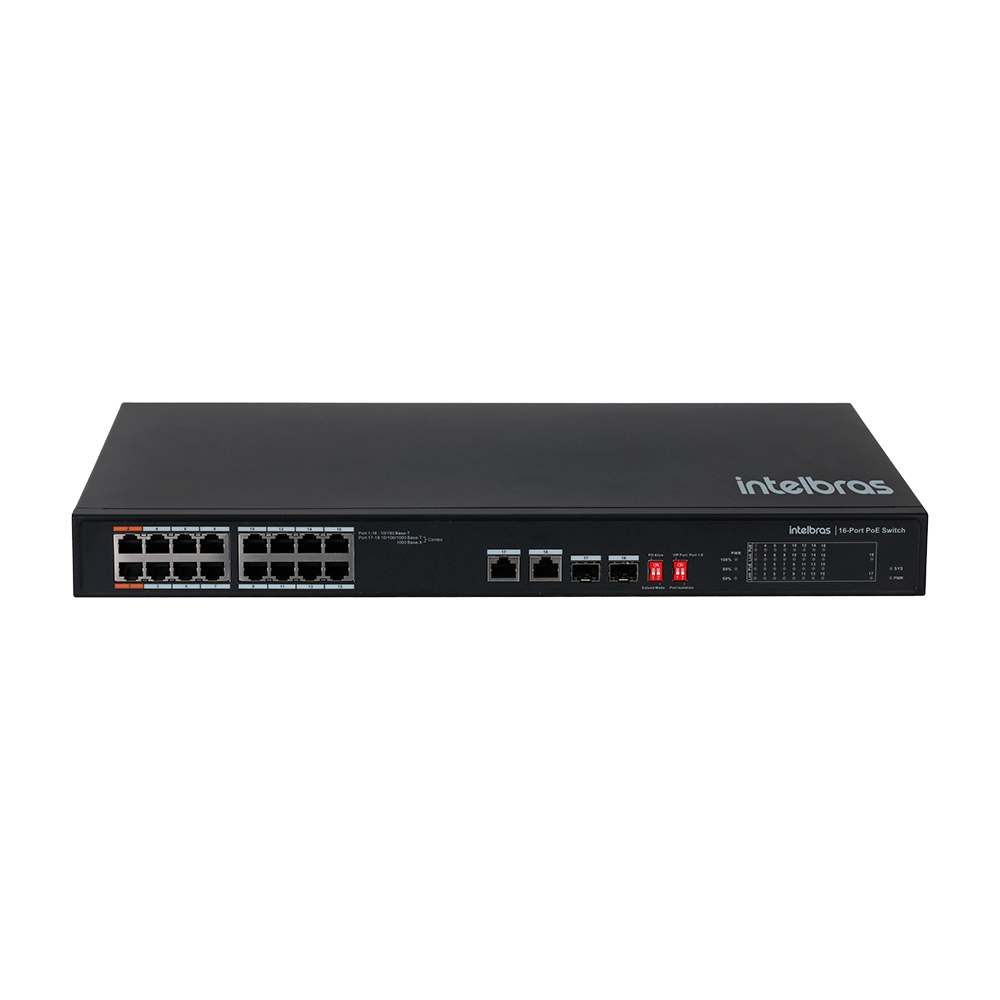 Switch Não Gerenciável 16 Portas Fast e 2 Portas SFP SF 1822 HI PoE Preto Intelbras